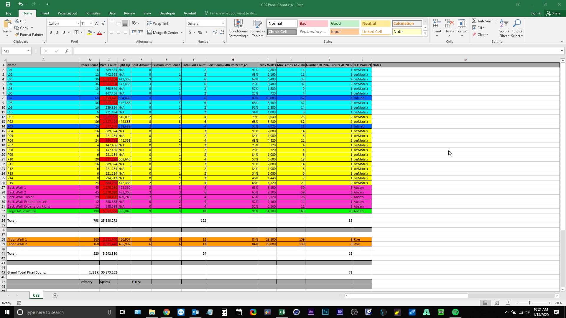 The CES 2020 panel count spreadsheet: panels, pixels, port load and power for every building in the LED city