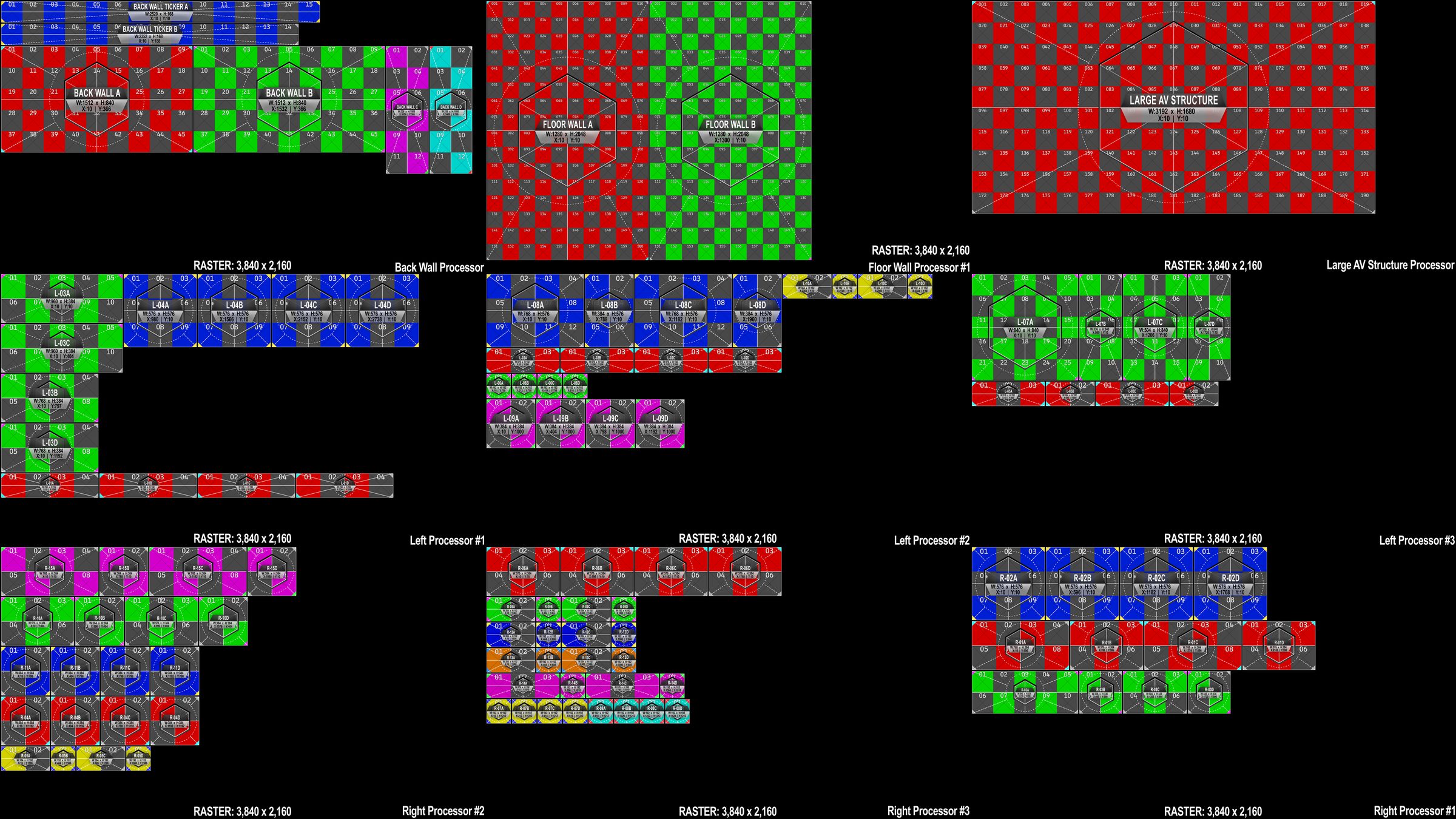 Pixel maps for the CES 2020 LED processors, each a 3,840 by 2,160 raster